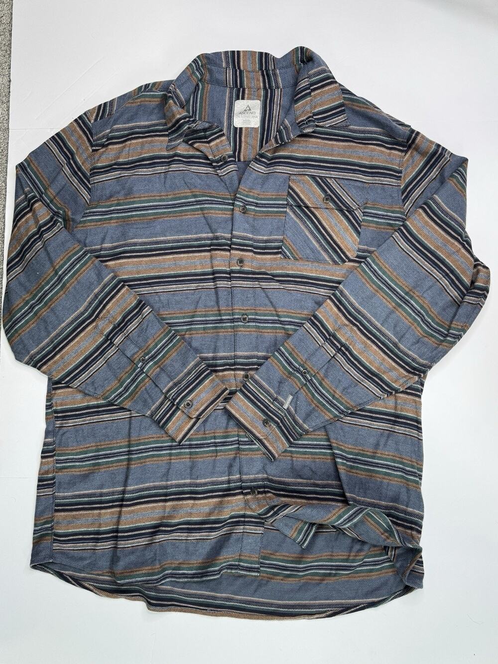 Ascend Mens 2XLT Striped Flannel Shirt Blue Brown Outdoor Button Up Tall